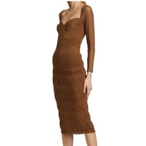 Self Portrait Caramel Shirred Midi Dress Size 6 US, 10 UK NWT